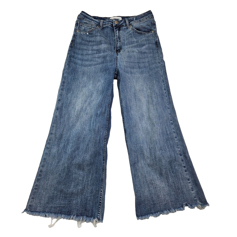 Risen High Rise Crop Wide Fray Hem Jeans Women's 11/30 Blue Denim - Picture 2 of 14